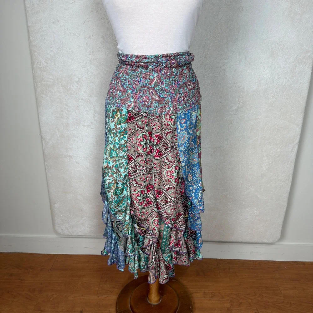 Boho Paisley Patchwork Smocked Convertible Maxi Skirt Tube Dress Blue